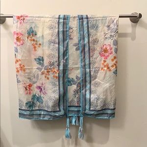 Johnny Was silk blue floral scarf with tassels